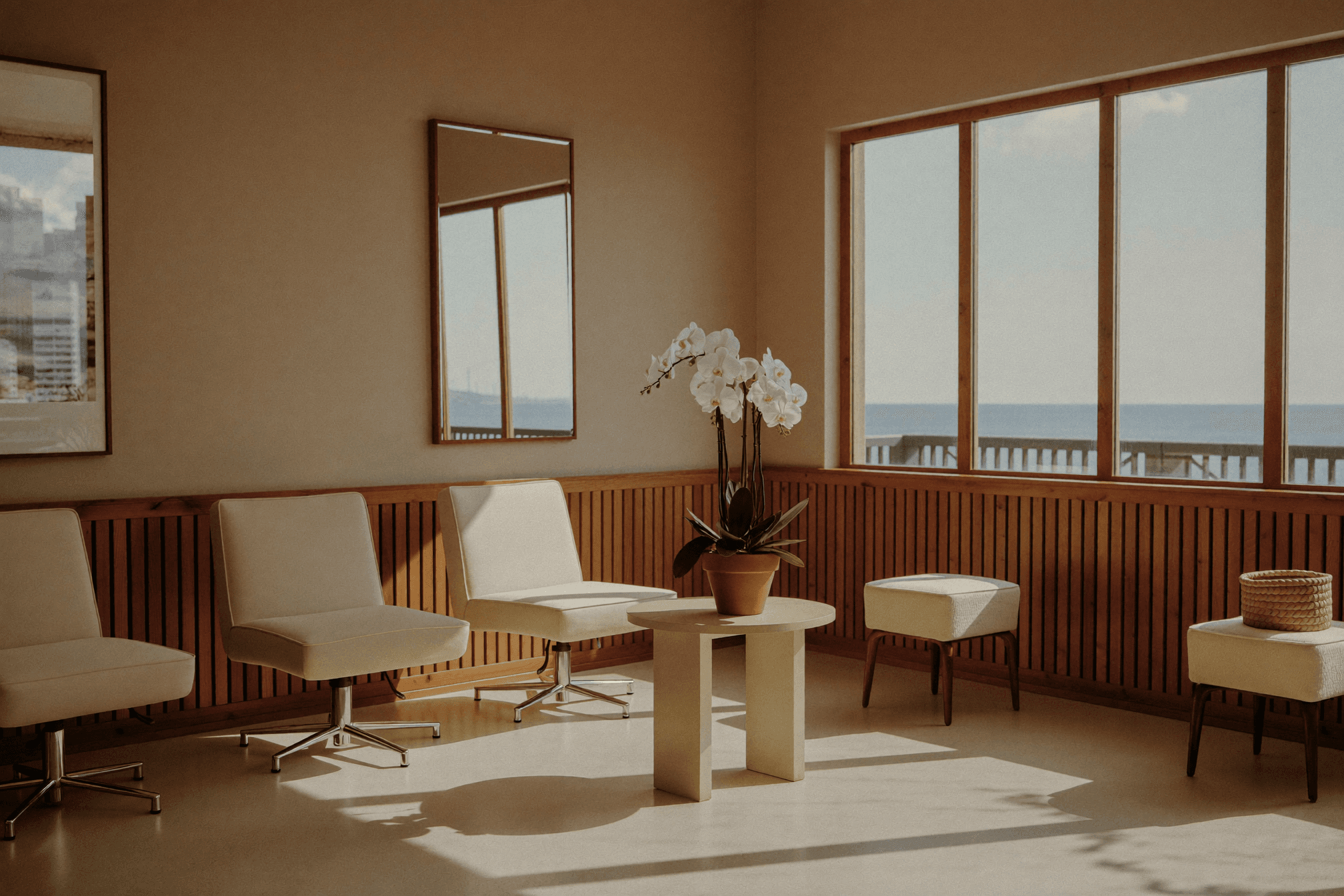 Inside M1 Nails — cream chairs in soft coastal light